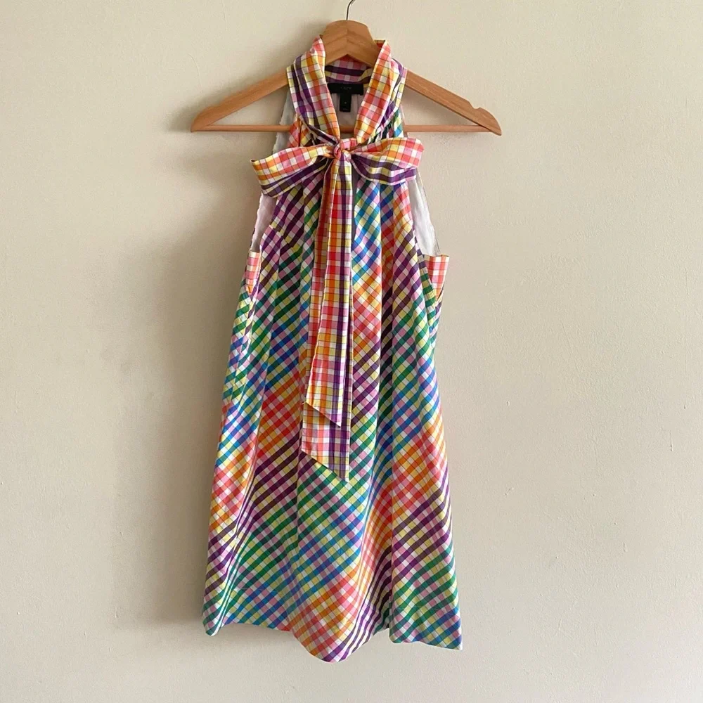 J. Crew Tie Neck Rainbow Gingham Dress - 4